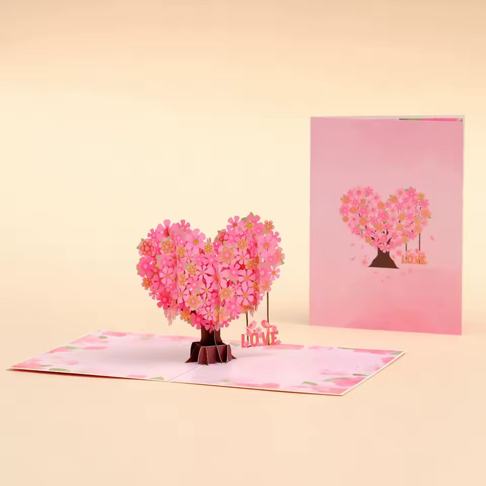 Sevgililer Günü Özel 3D Pop-Up Aşk Ağacı | Kalpli Çiçek Tasarımlı Romantik Tebrik Kartı