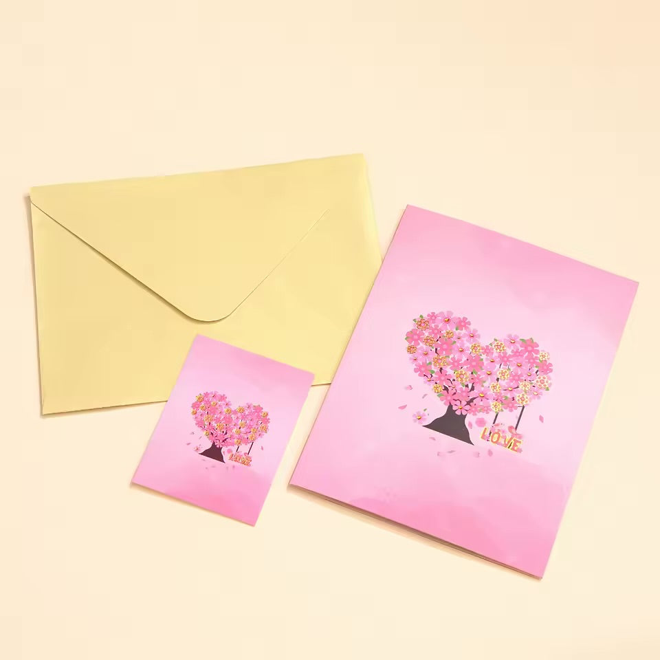 Sevgililer Günü Özel 3D Pop-Up Aşk Ağacı | Kalpli Çiçek Tasarımlı Romantik Tebrik Kartı